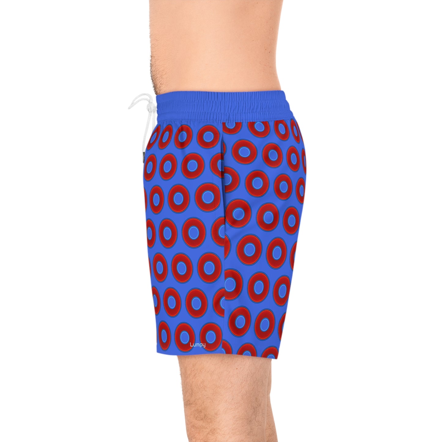 Men's Lumpy Swim Trunks - vivid red donut print w/royal blue background