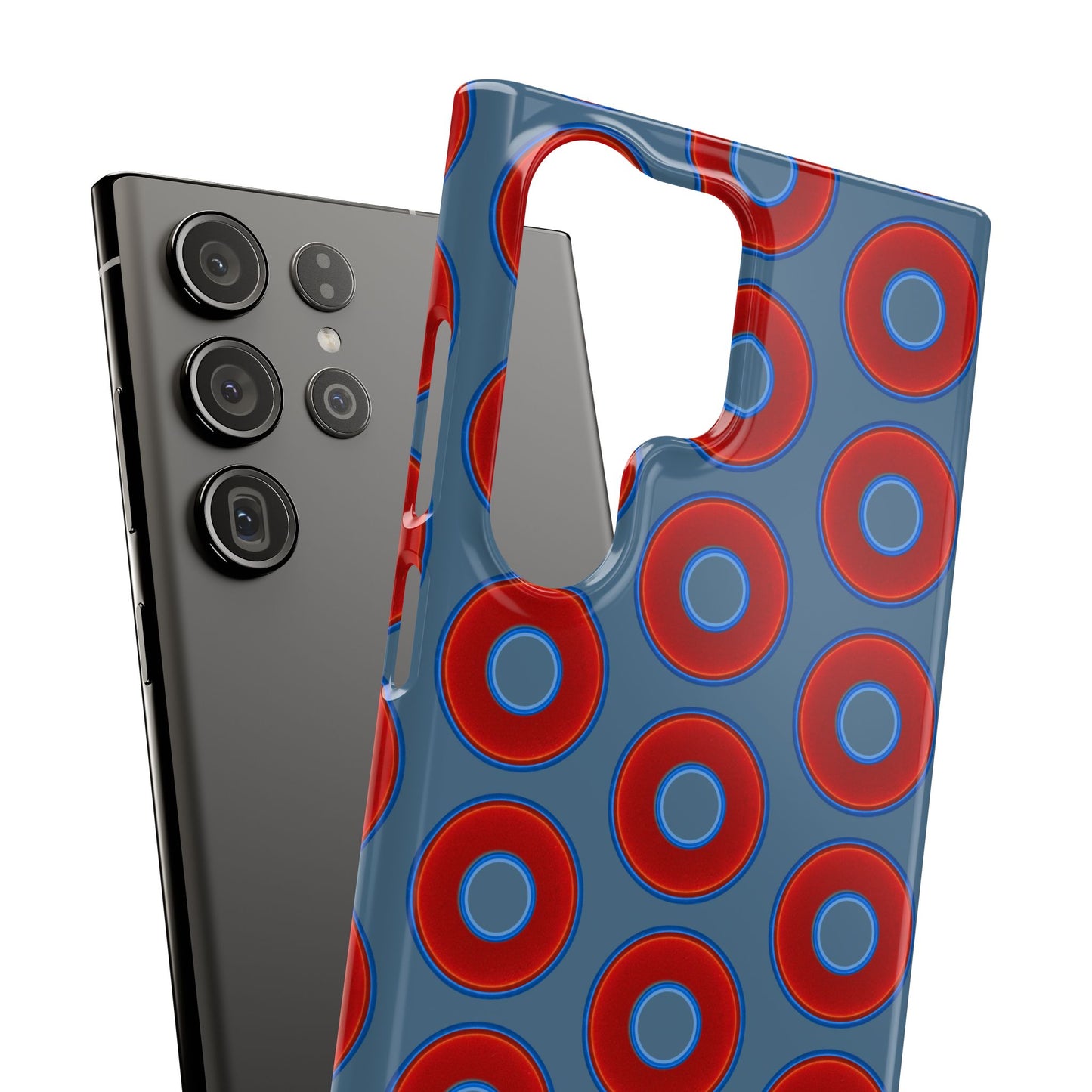 Lumpy Donut Snap Case - red vivid donut print w/steel blue background