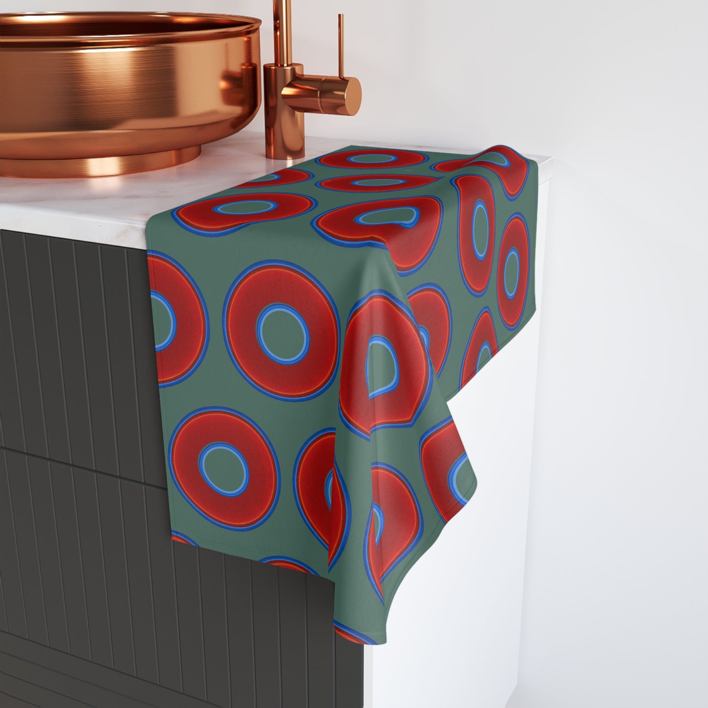 Lumpy Kitchen/Hand Towels - vivid red donuts w/Fenway green background