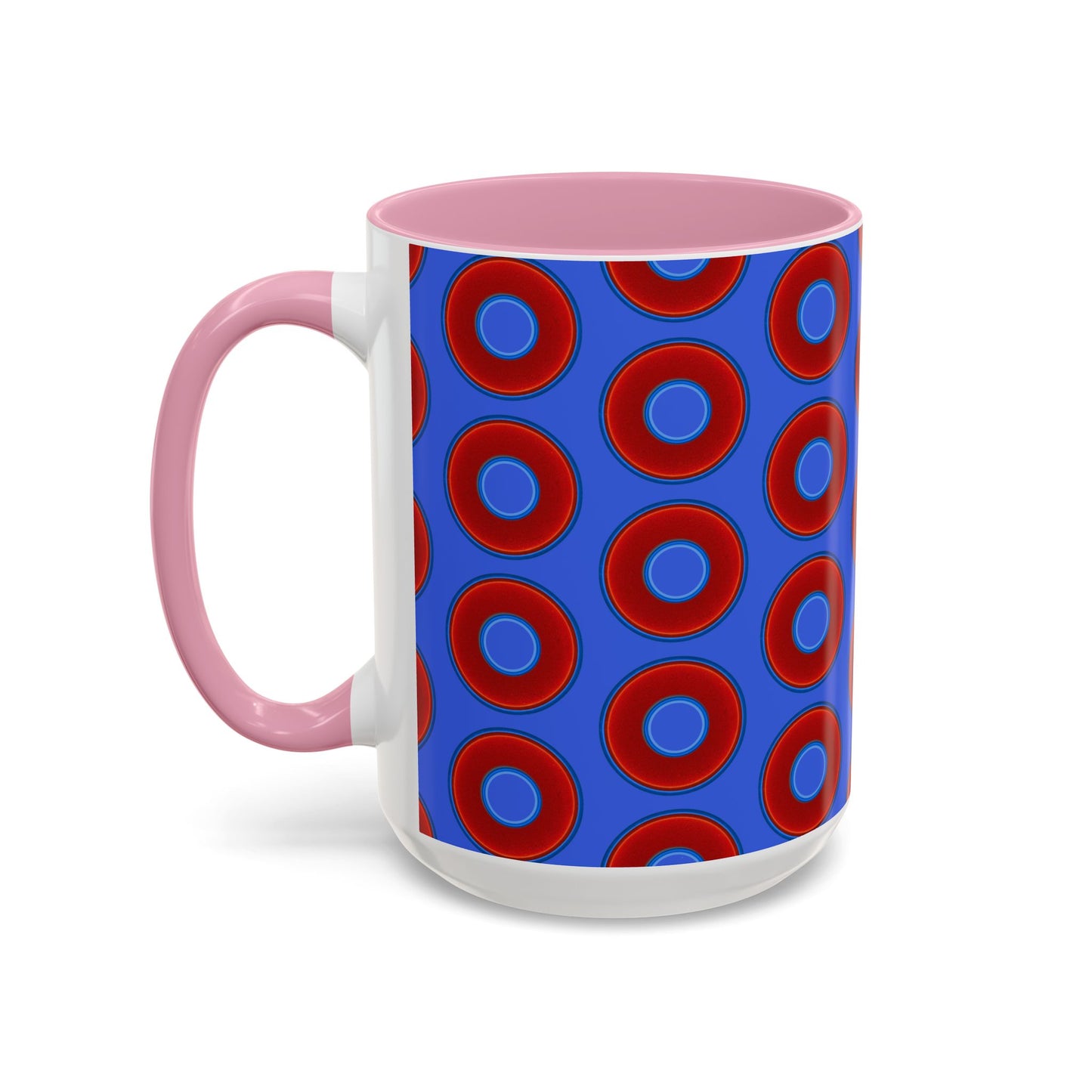 Lump's Grumpy Coffee Mug - vivid red donuts w/royal blue background