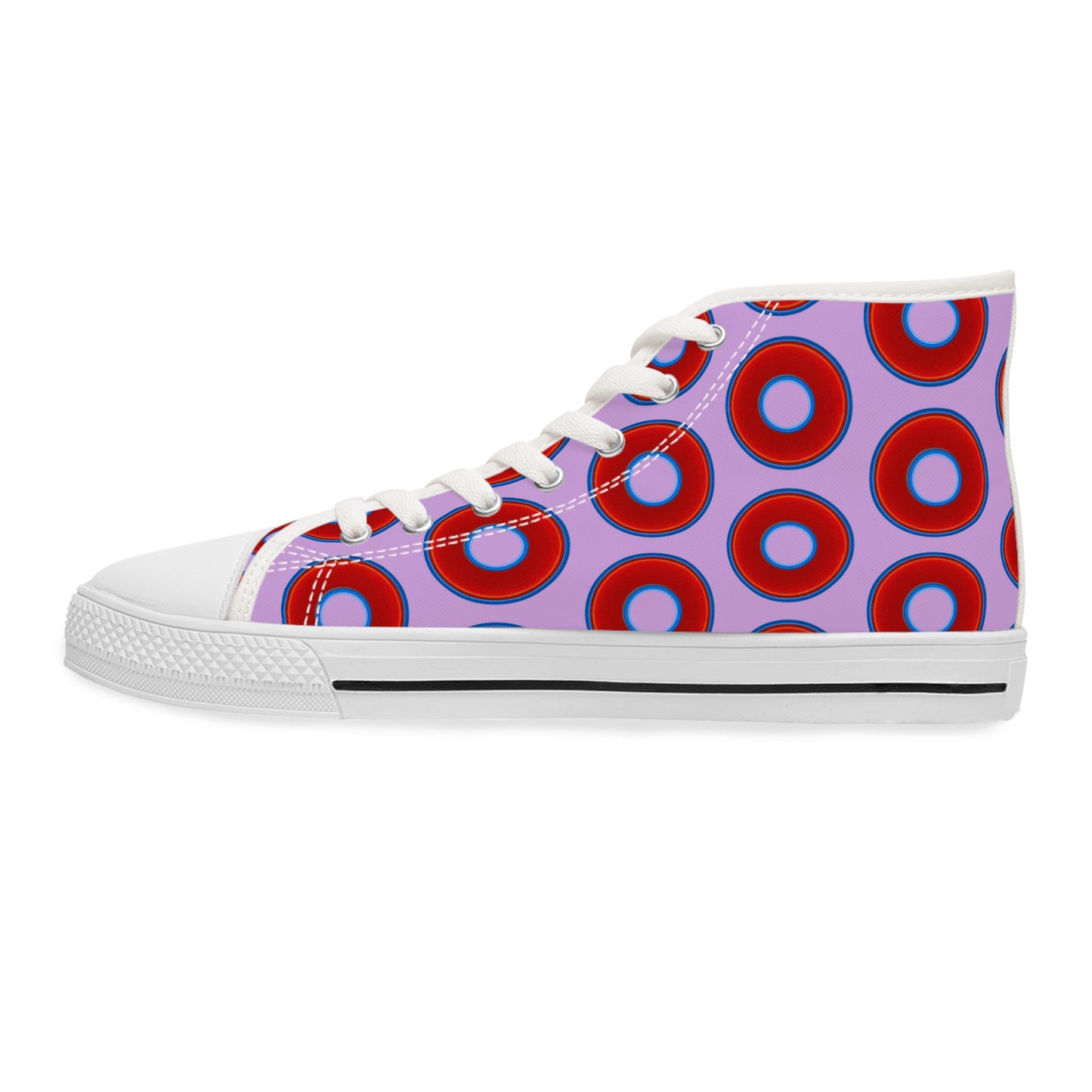 Women's High Top Chuck Taylors - large vivid red donut print w/wisteria purple background