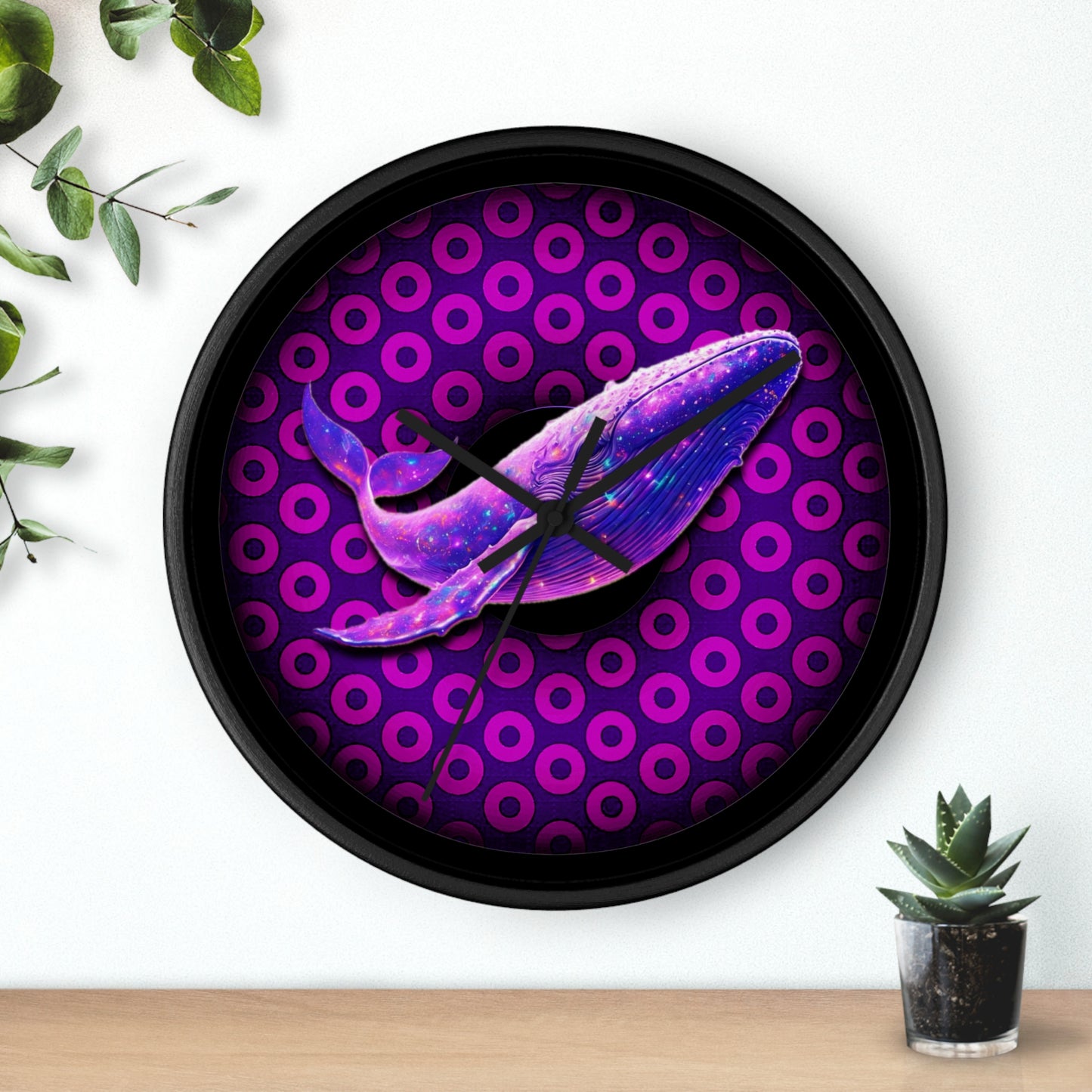 Lumpy Wall Clock - "Whale of a Good Donut Clock" - variant 1 - purple/magenta paradoxical donut w/black background