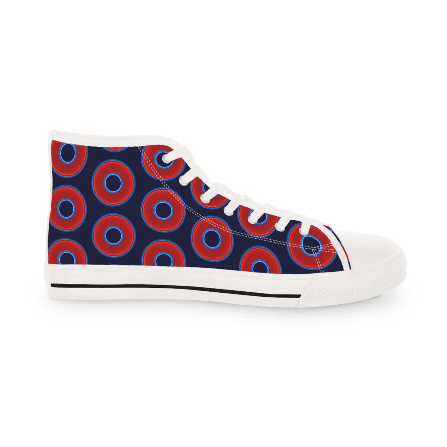 Men's High Top Chucks - large vivid red donut print w/dark navy blue background