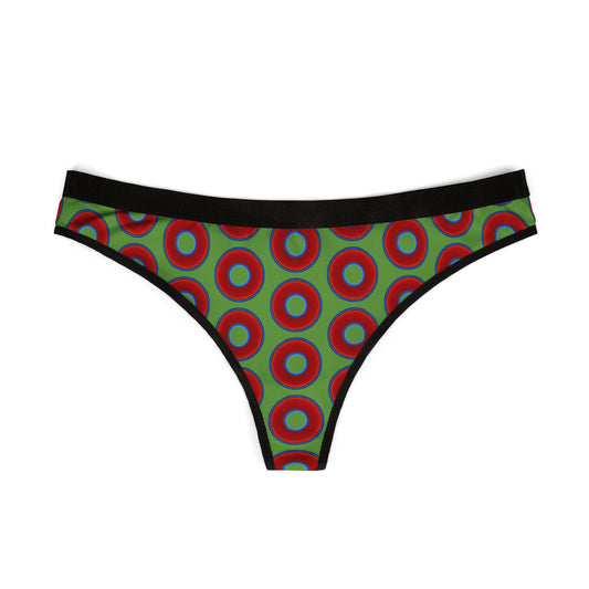 Lumpy Donut Thongs - red vivid donut print w/light green background