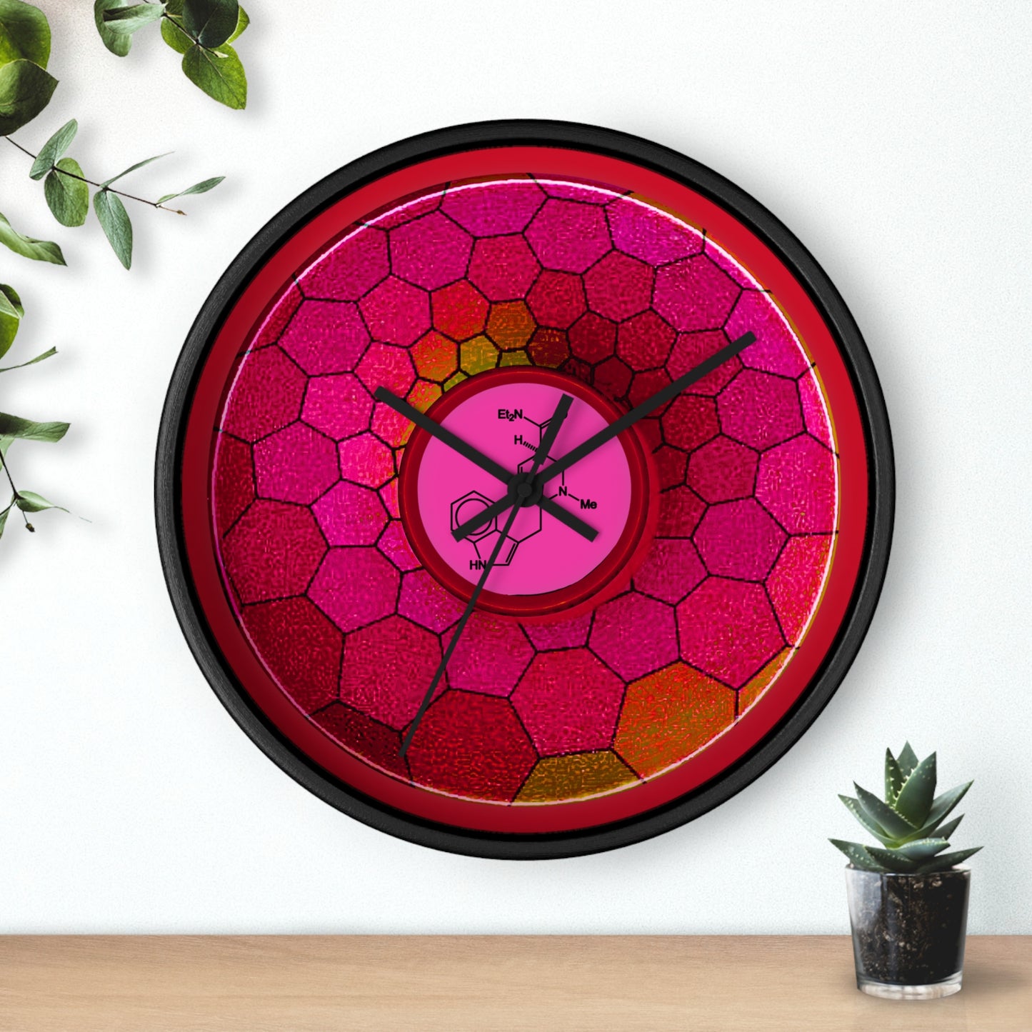 Lumpy Wall Clock - "Dr. Albert Hofmann's Donut" - variant 1 - magenta hexadonut w/red background