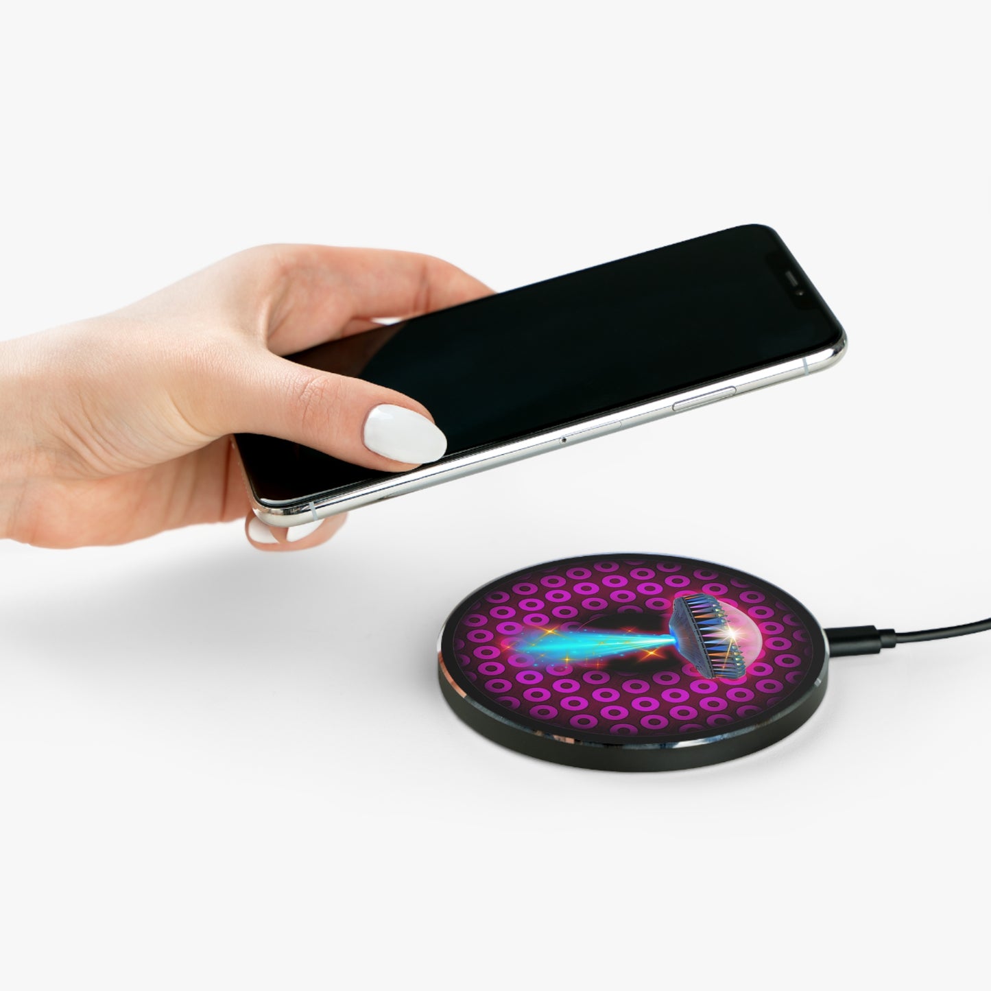 The Flow - Wireless Lumpy Donut Chargers - "They Have Wireless Charging on the Mothership Now" - paradoxical burgundy/magenta donut w/black background - variant 3