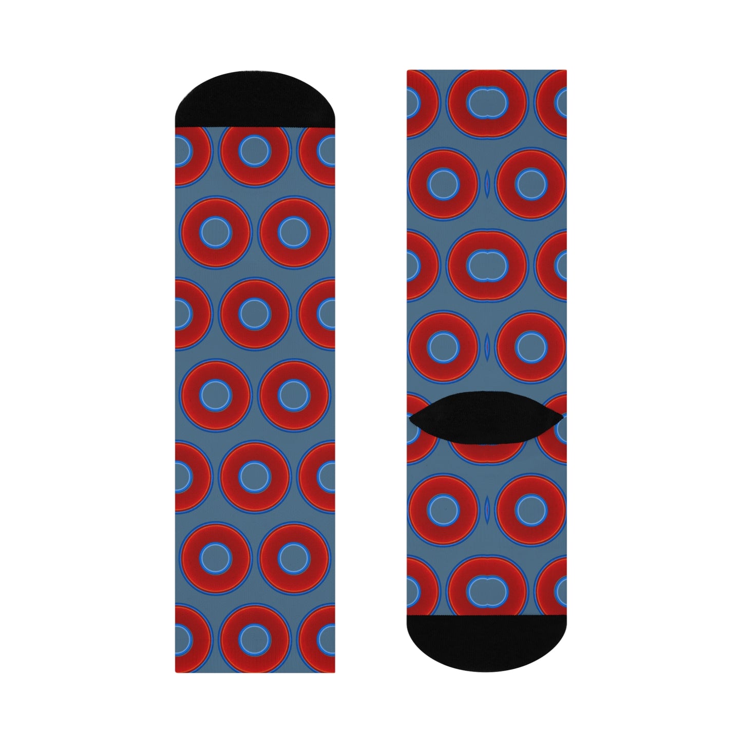 Lumpy Sox - cushioned crew - vivid red donut print w/steel blue background