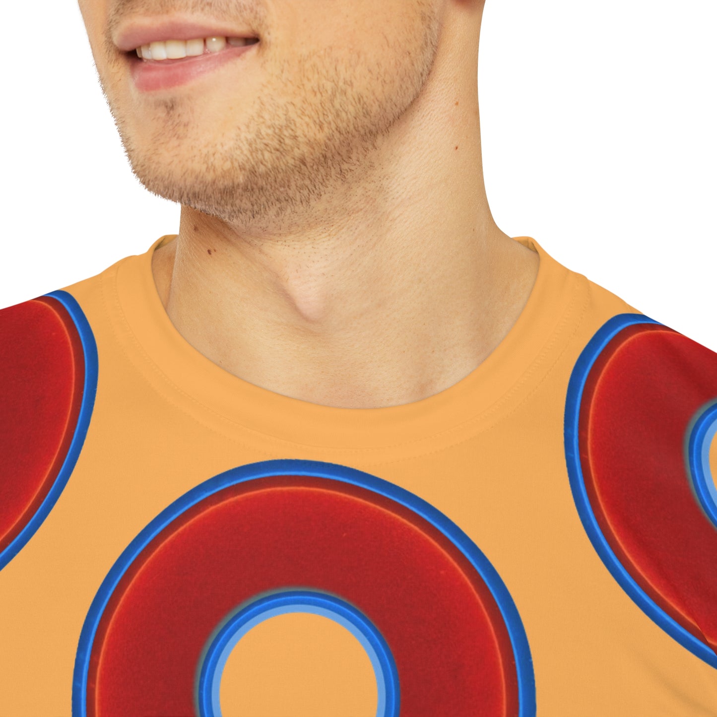 Multi-Beastie Giant Donut AOP Polyester Tee - red vivid donut print w/creamsicle orange background