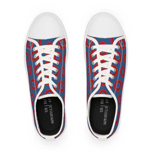 Men's - Low Top Chuck Taylors - large vivid red donut print w/light navy blue background