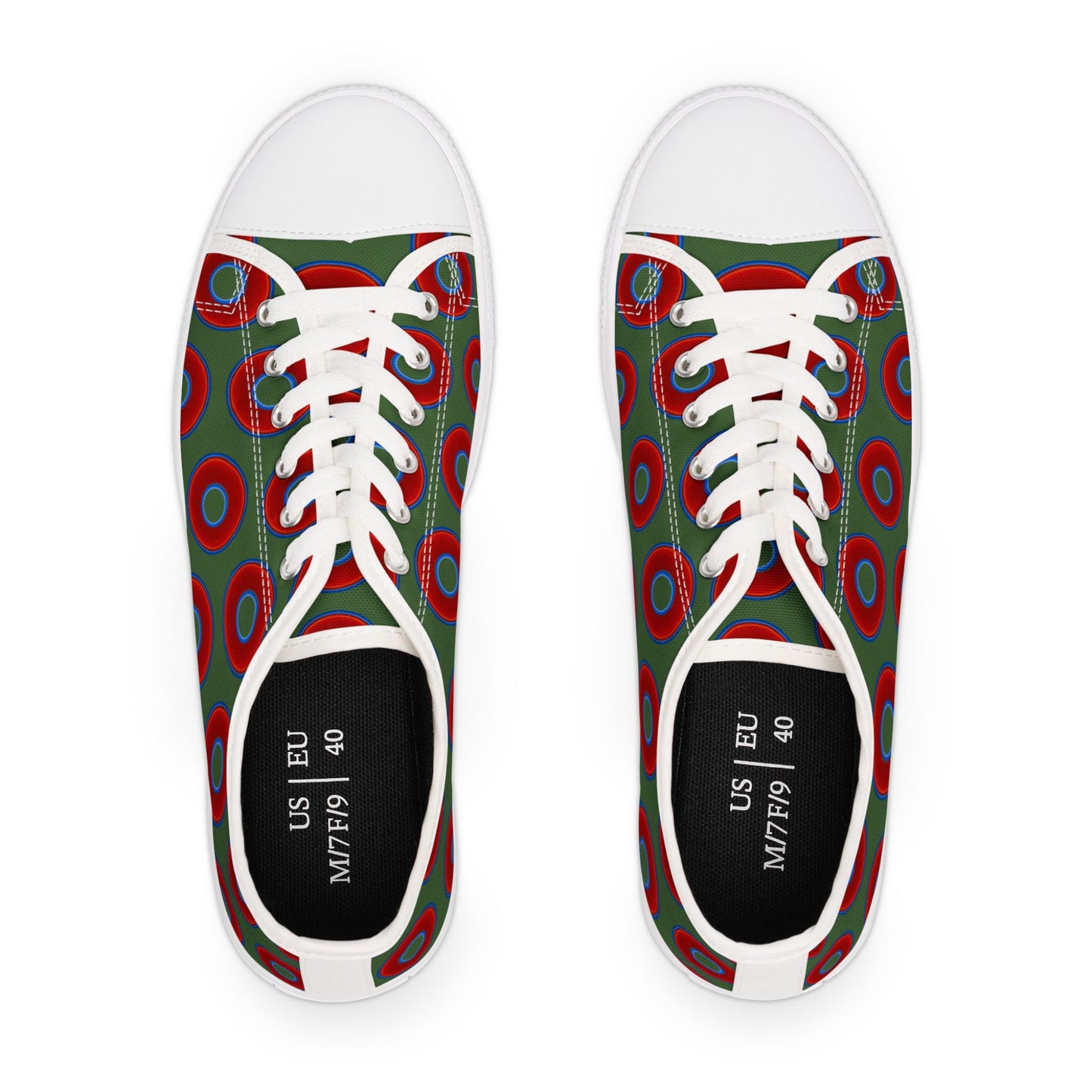 Women's - Low Top Chuck Taylors - large vivid red donut print w/dark green background