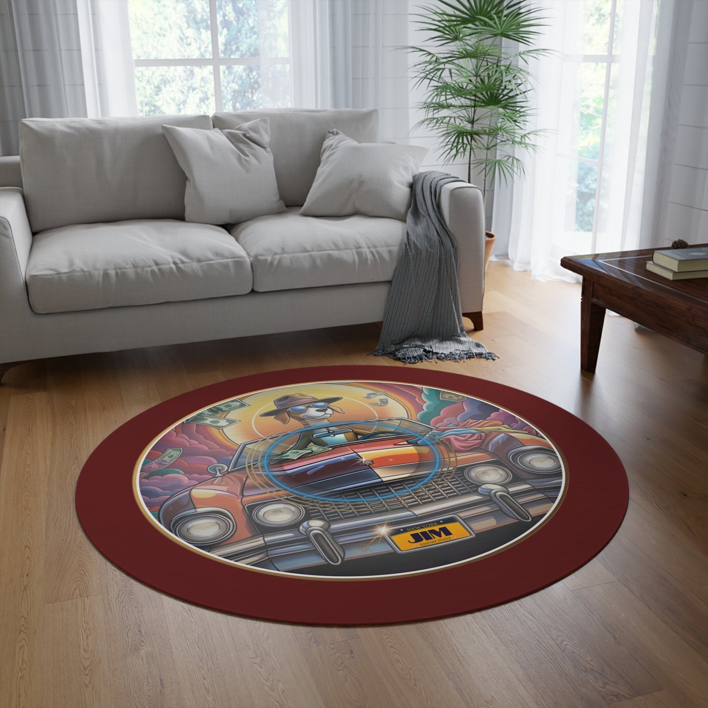 Round Room - 5 ft x 5 ft Lumpy Donut Rug - "Jimmy's Runaway Donut Rug" - vivid gold/orange pic donut w/dark red background - variant 3