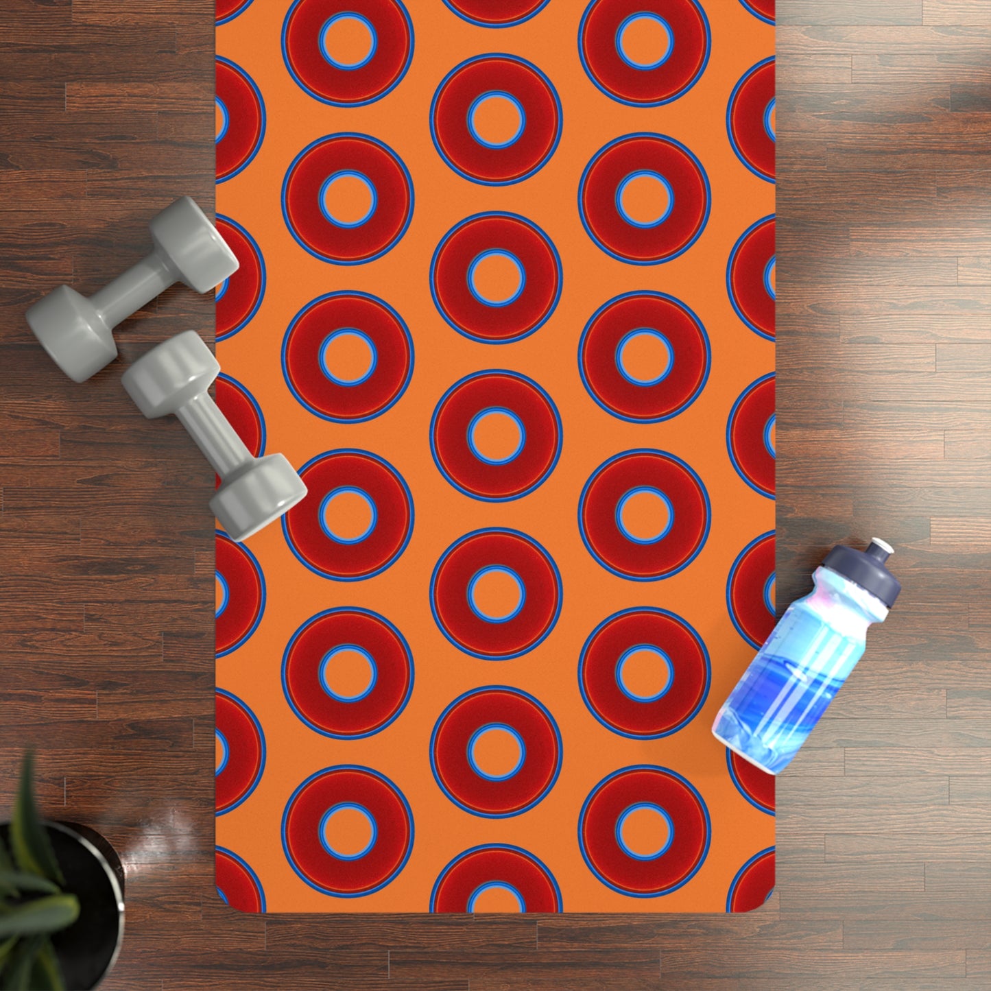 Lumpy Donut Yoga Mat :) - 24″ x 70" - vivid red donut print w/orange background