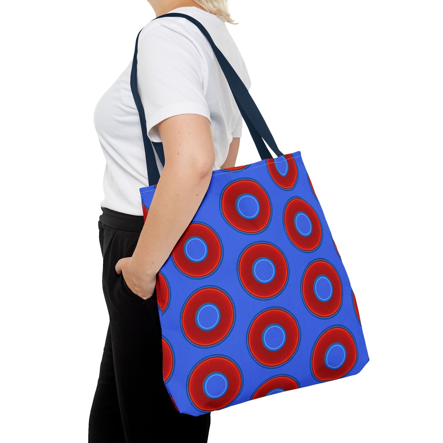 Lumpy Beach/Tote Bag - red vivid donuts w/royal blue background