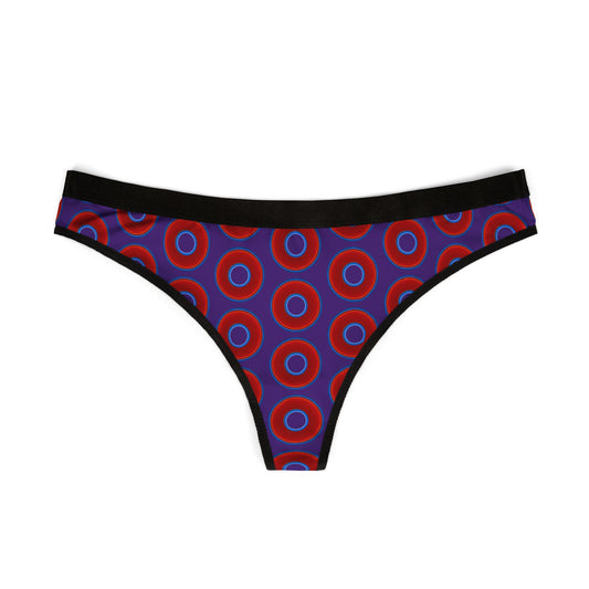 Lumpy Donut Thongs - red vivid donut print w/dark purple background