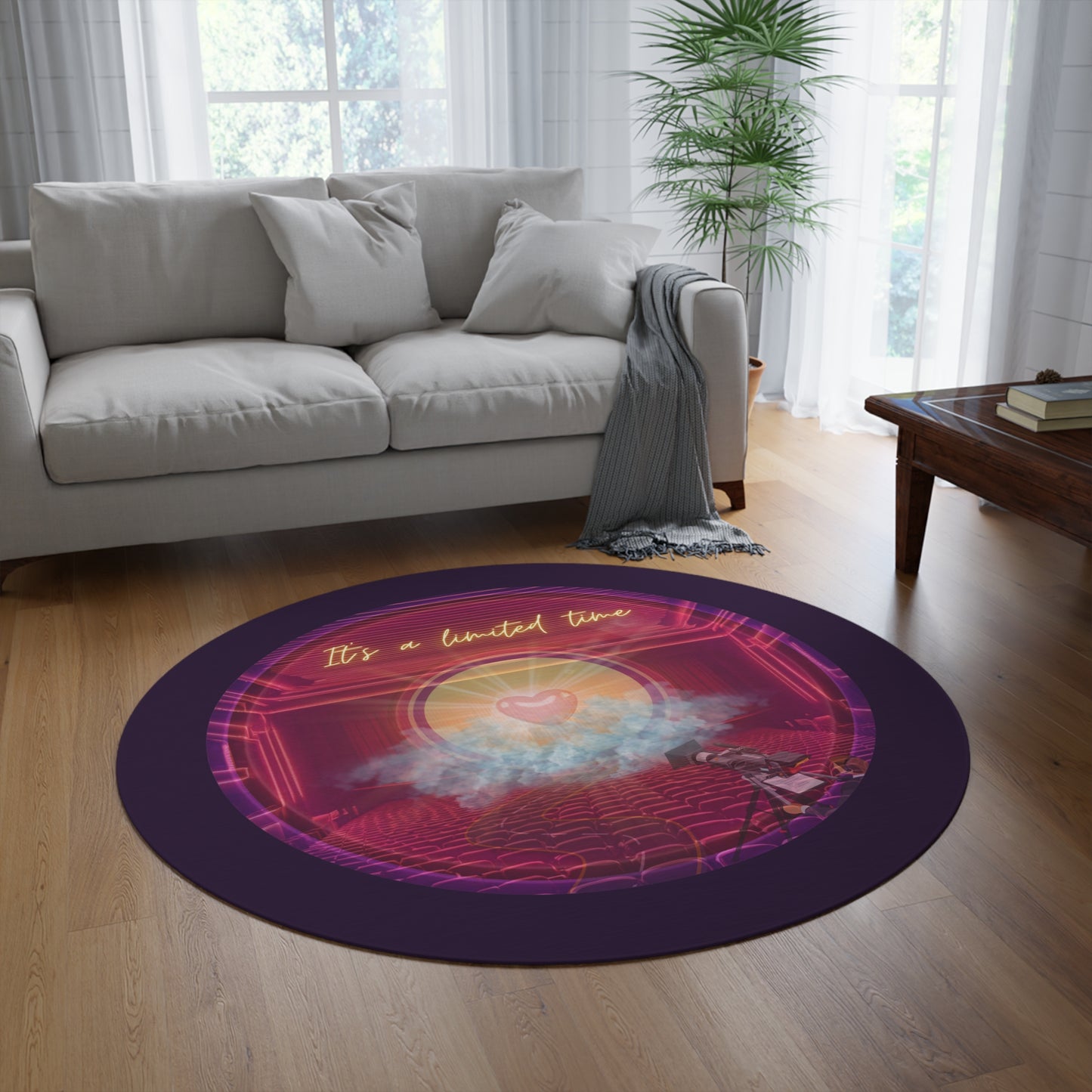 Round Room - 5 ft x 5 ft Lumpy Donut Rug - "The Donut of Life" - vivid purple/magenta donut w/midnight purple background - variant 2