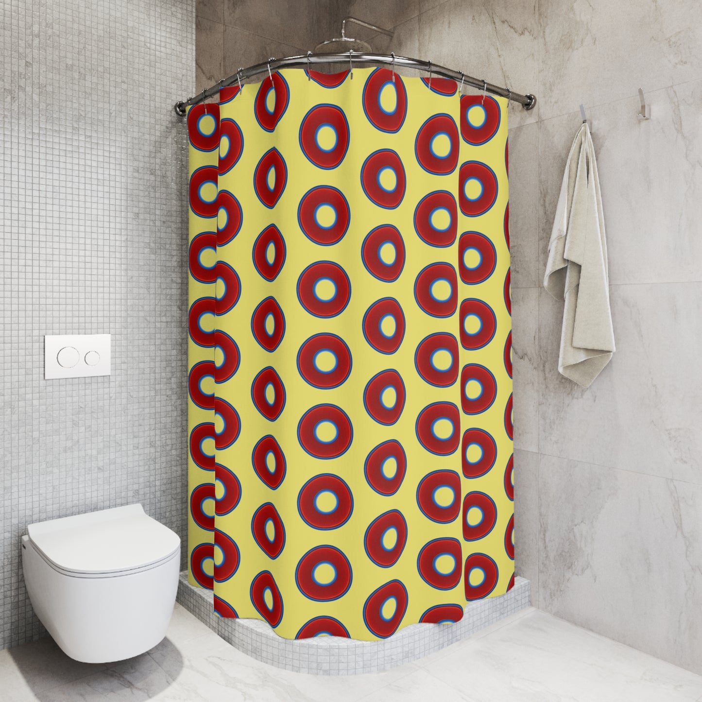 The Curtain With "Donuts" - Lumpy Bath Time Fun - vivid red donuts w/yellow background