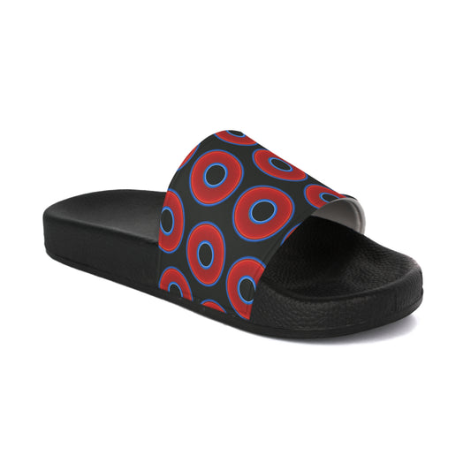 Men's Lumpy Sandals - slip-ons - red vivid donuts w/midnight moss green background