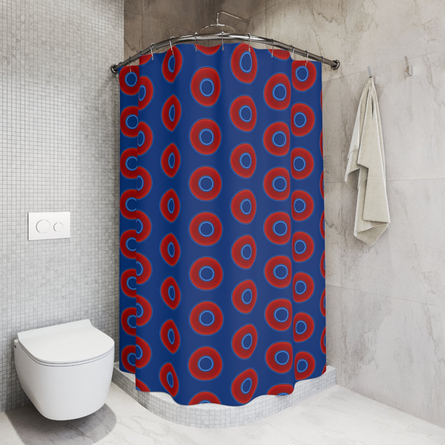 The Curtain With "Donuts" - Lumpy Bath Time Fun - vivid red donuts w/dark blue background