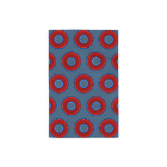 Lumpy Donut Towels - vivid red donuts w/steel blue background