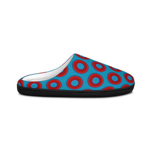 Men's Lumpy Slippers - red vivid donut print w/aquamarine blue background
