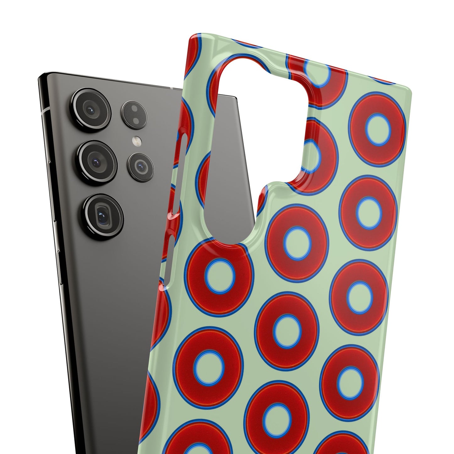 Lumpy Donut Snap Case - red vivid donut print w/seafoam green background