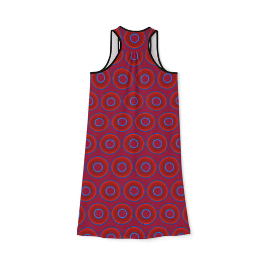 Tela's Lumpy Racerback Donut Dress - red vivid donut print w/dark magenta background