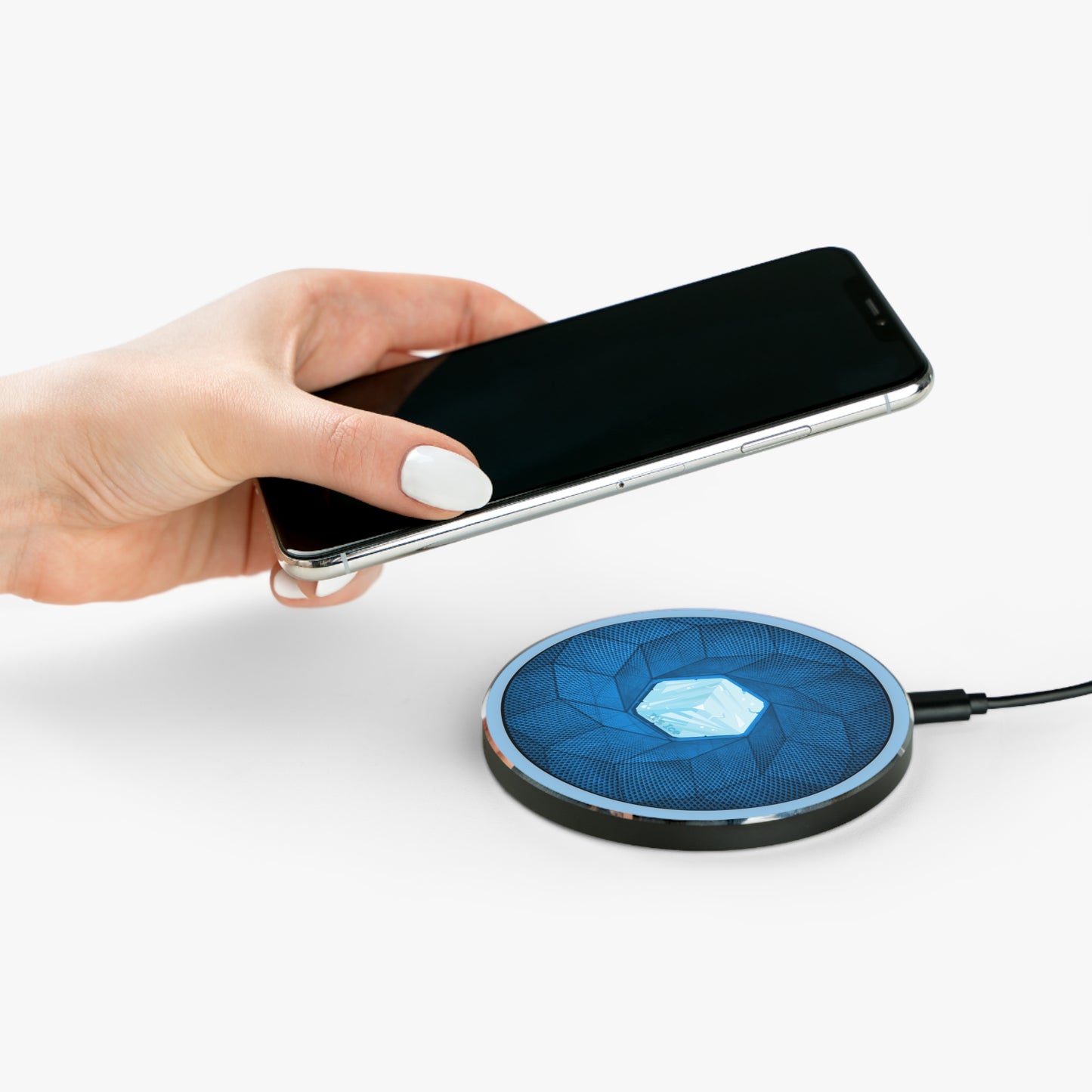 The Flow - Wireless Lumpy Donut Chargers - "It's Ice... Cube's Wireless Donut Charger" - blue cubed donut w/sky blue background - variant 2