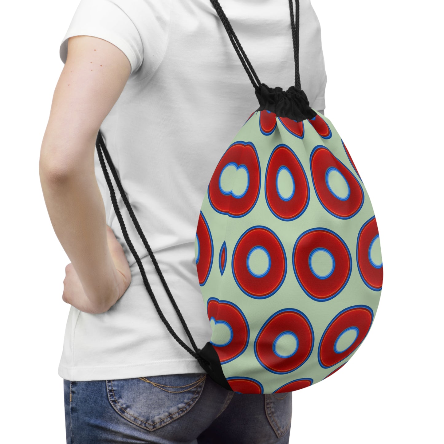 Lumpy Donut Drawstring Bag - red vivid donuts print w/seafoam background