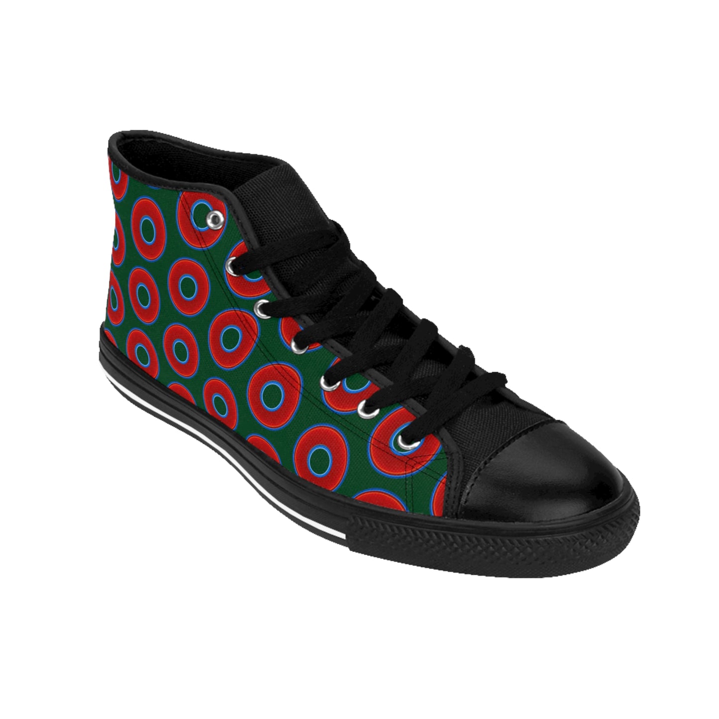 Men's Cushiony Convectors - High Tops - red vivid donuts w/deep pond green background