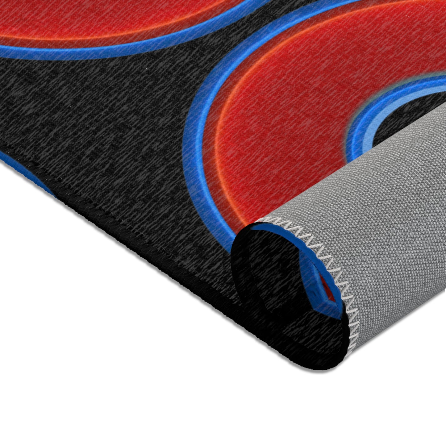 Lumpy Donut Print Rug - choice of 3 sizes - vivid red donut print w/black background