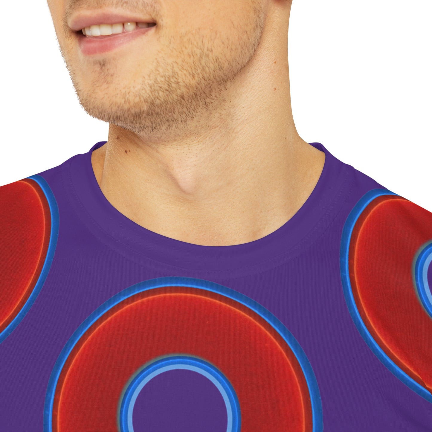 Multi-Beastie Giant Donut AOP Polyester Tee - red vivid donut print w/purple background