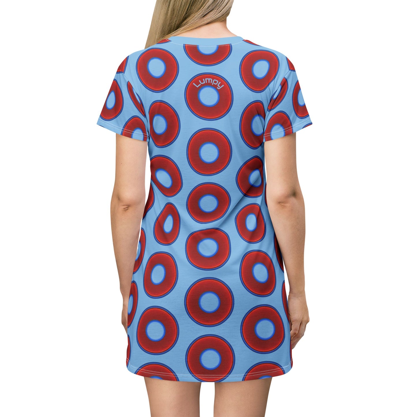 Not a Muumuu AOP Tee Shirt Dress - red vivid donuts w/sky blue background