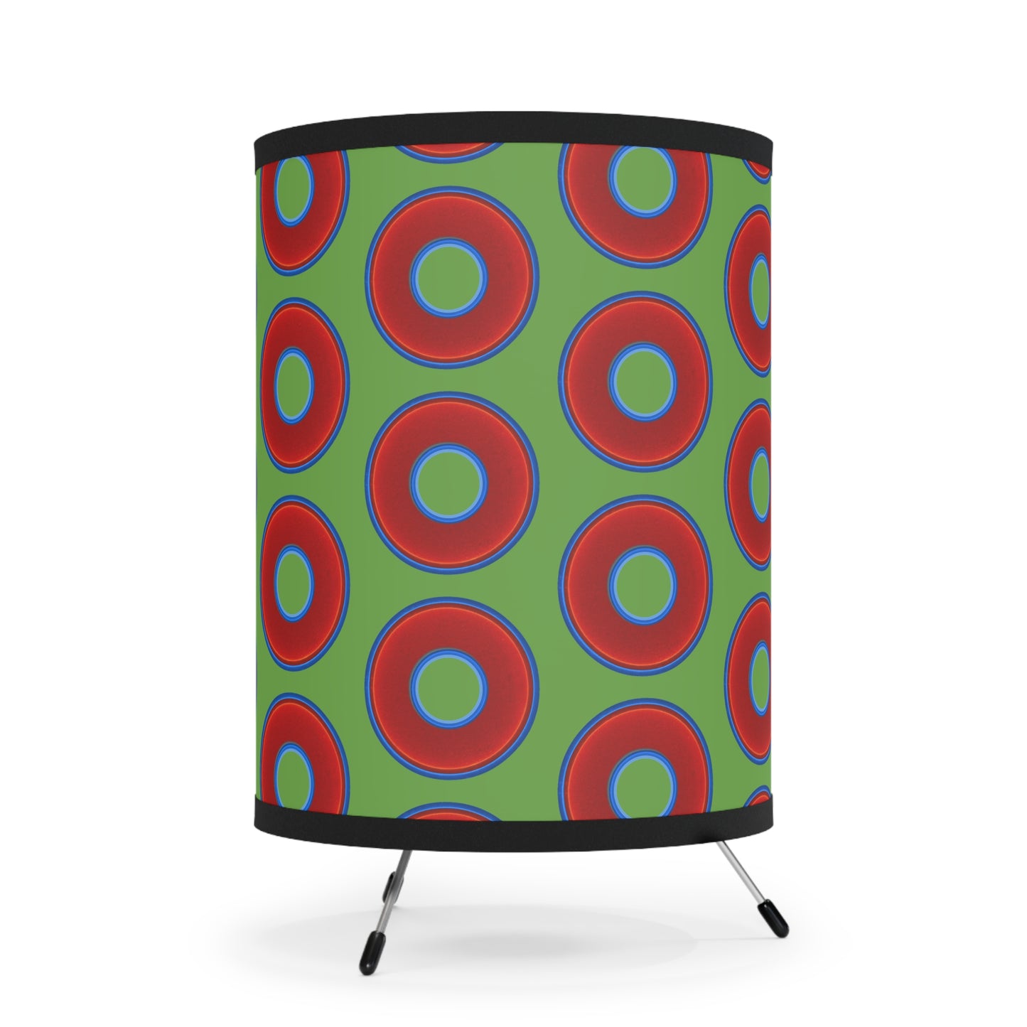 Lumpy Tripod Donut Lamp - vivid red donuts w/light green background