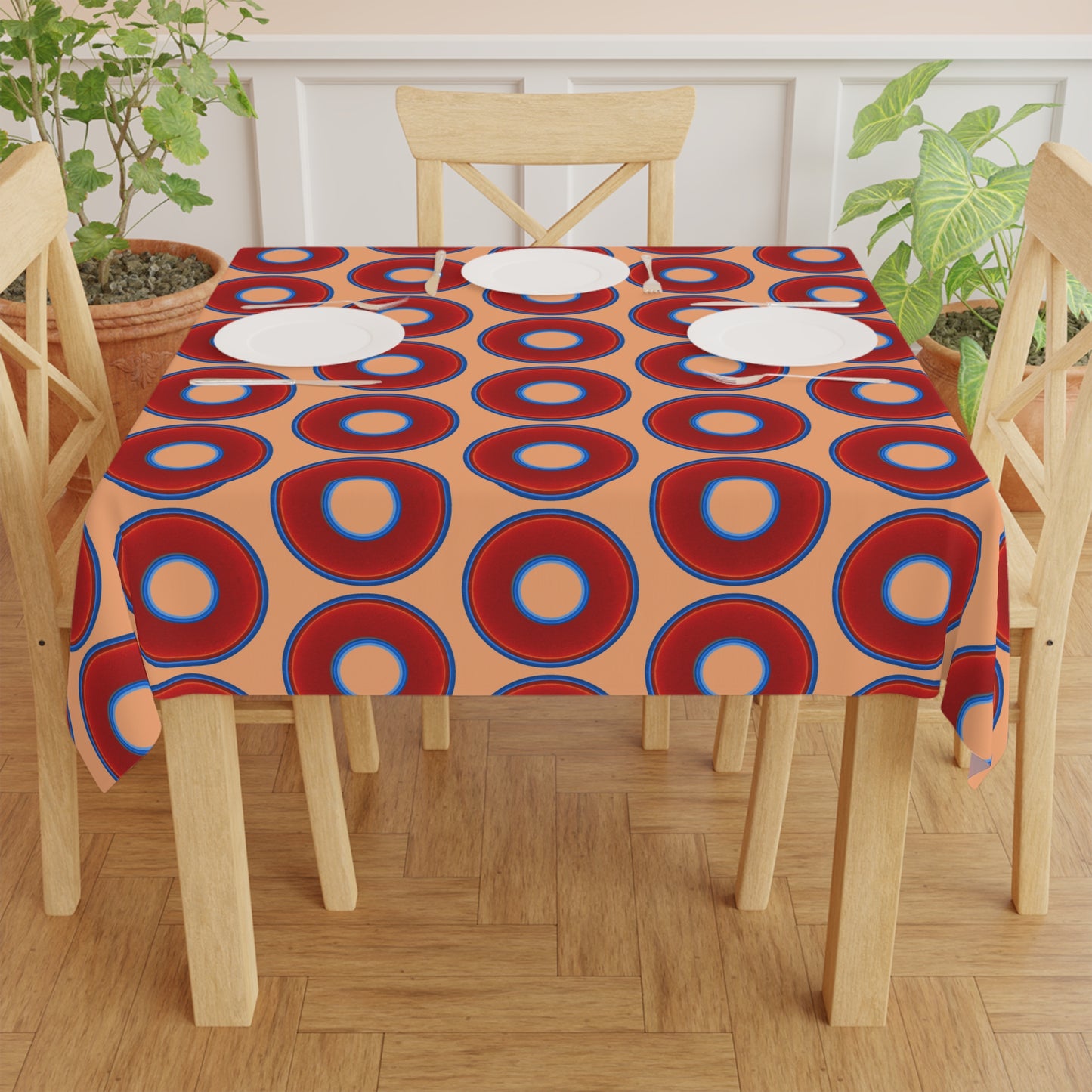 Lumpy Tablecloth - 55.1" x 55.1" - vivid red donuts w/peach background