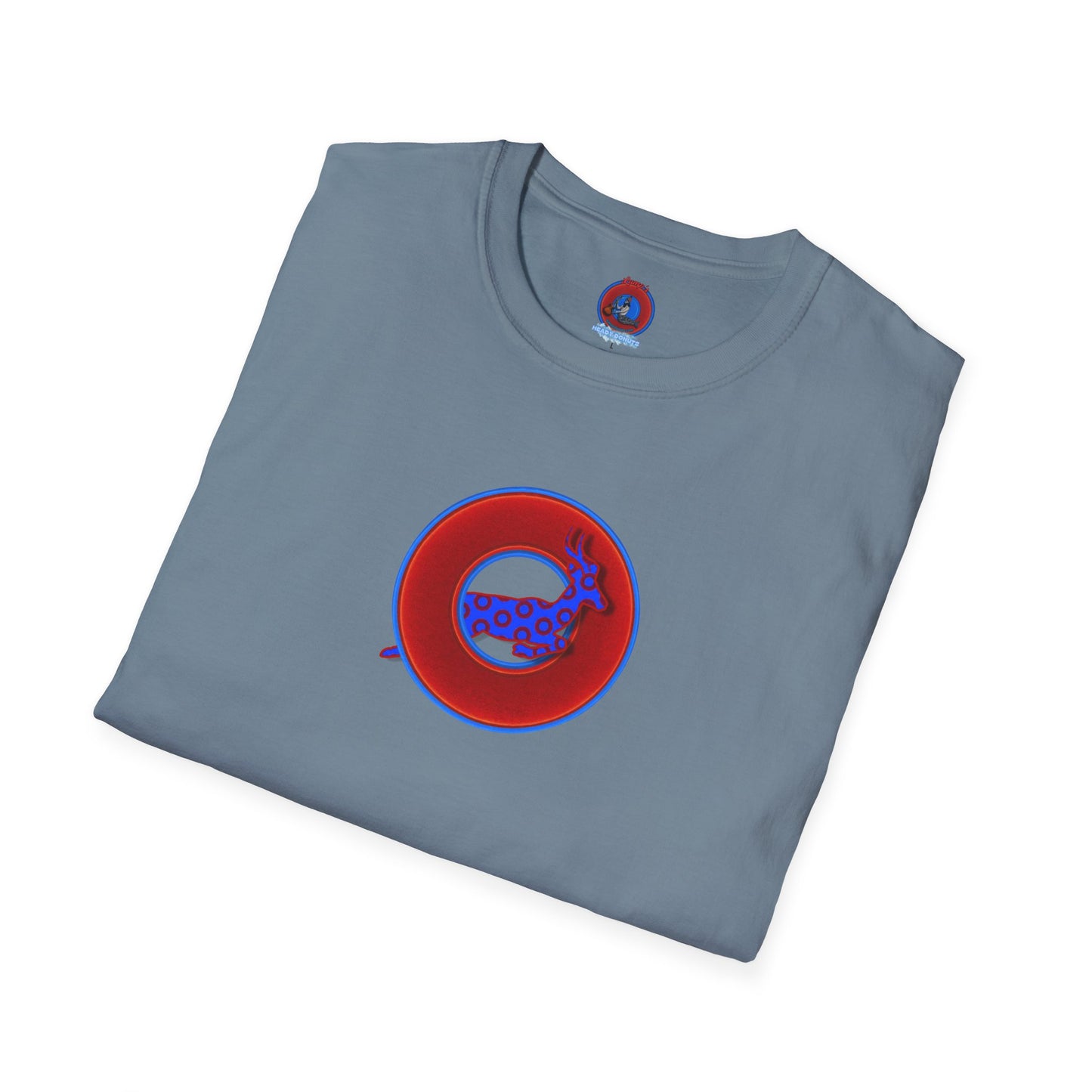 Classic Donut Tee - Unisex Soft-Style - "Out of Control Donut" - vivid red donut - variant 2 "jumping on through"