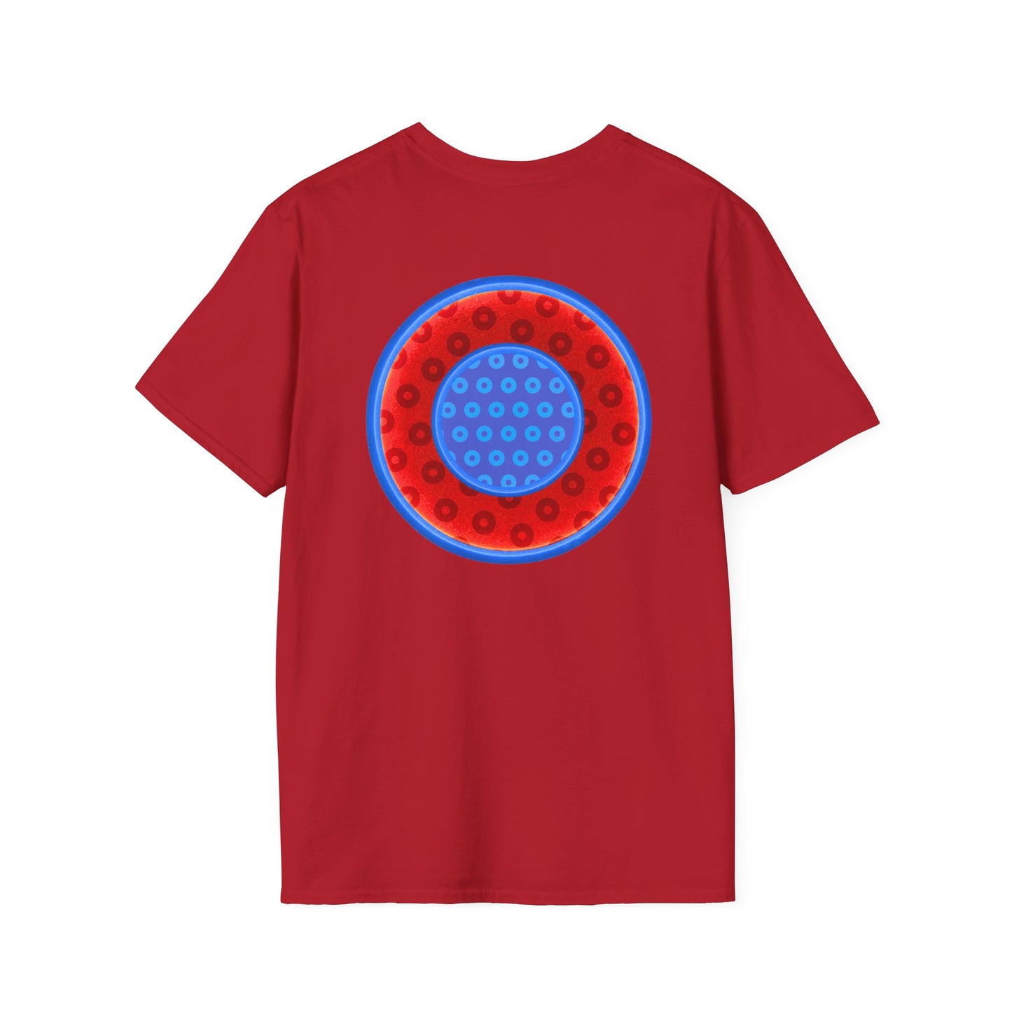 Classic Donut Tee - Unisex Soft-Style - "All You Can Eat Donut Platter" - red/blue paradoxical donuts