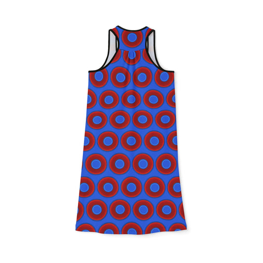 Tela's Lumpy Racerback Donut Dress - red vivid donut print w/medium royal blue background