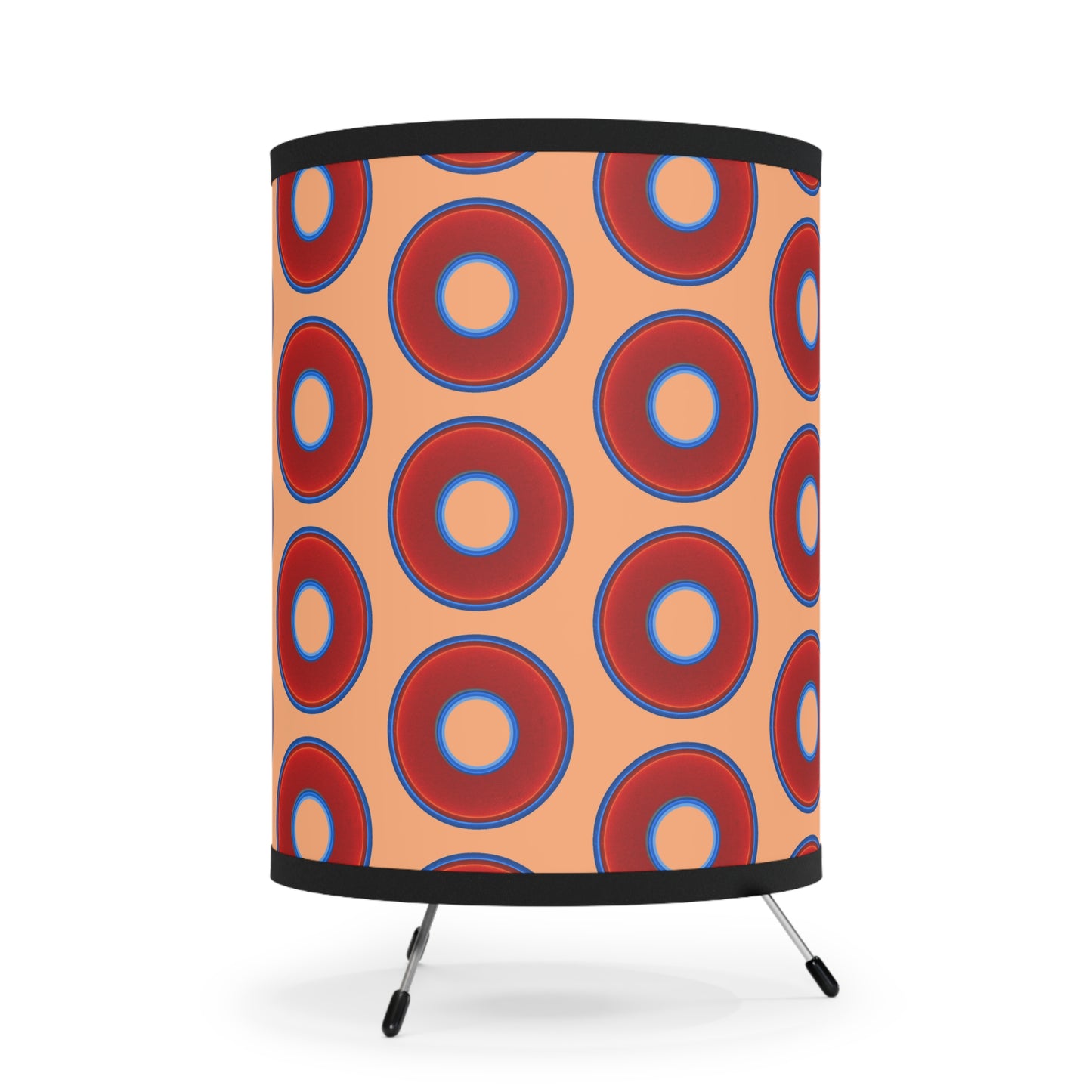 Lumpy Tripod Donut Lamp - vivid red donuts w/peach background