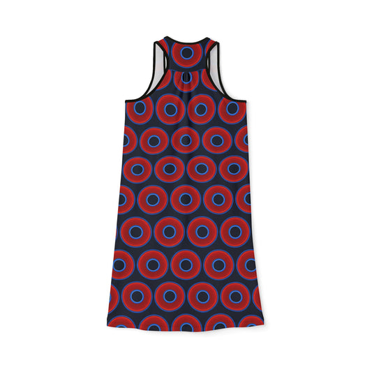 Tela's Lumpy Racerback Donut Dress - red vivid donut print w/dark teal blue elite background