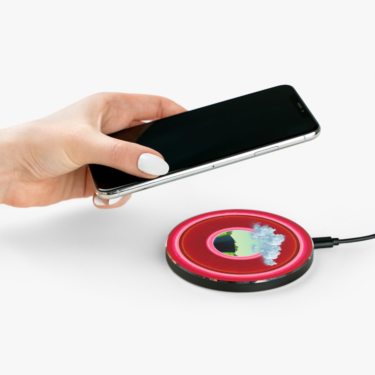 The Flow - Wireless Lumpy Donut Chargers - "Got Rhombus Wireless Charger?" - rustic red/pink donut w/dark red background - variant 2