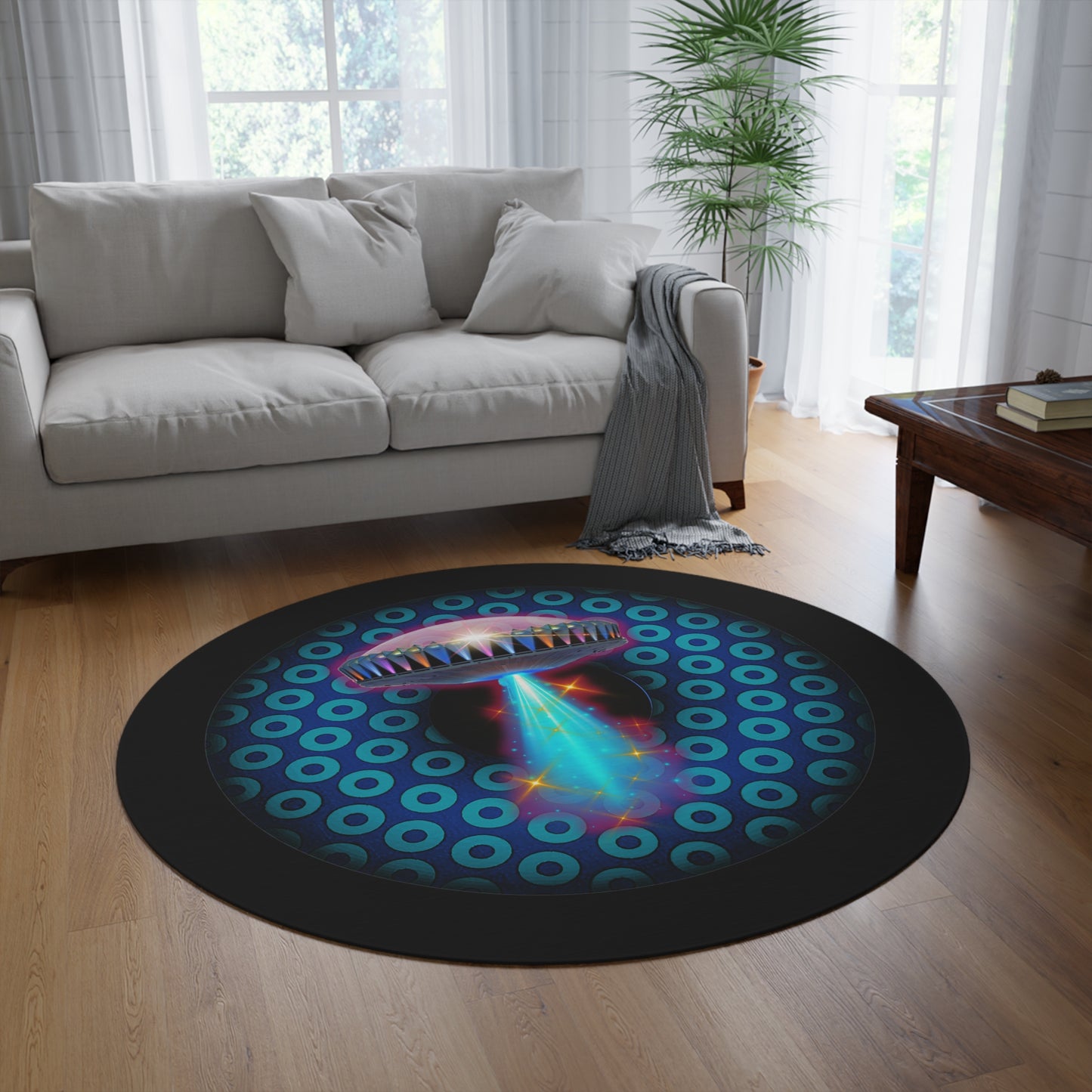 Round Room - 5 ft x 5 ft Lumpy Donut Rug - "They Have Donut Rugs On The Mothership Now" - paradoxical dark blue/teal donut w/black background - variant 5