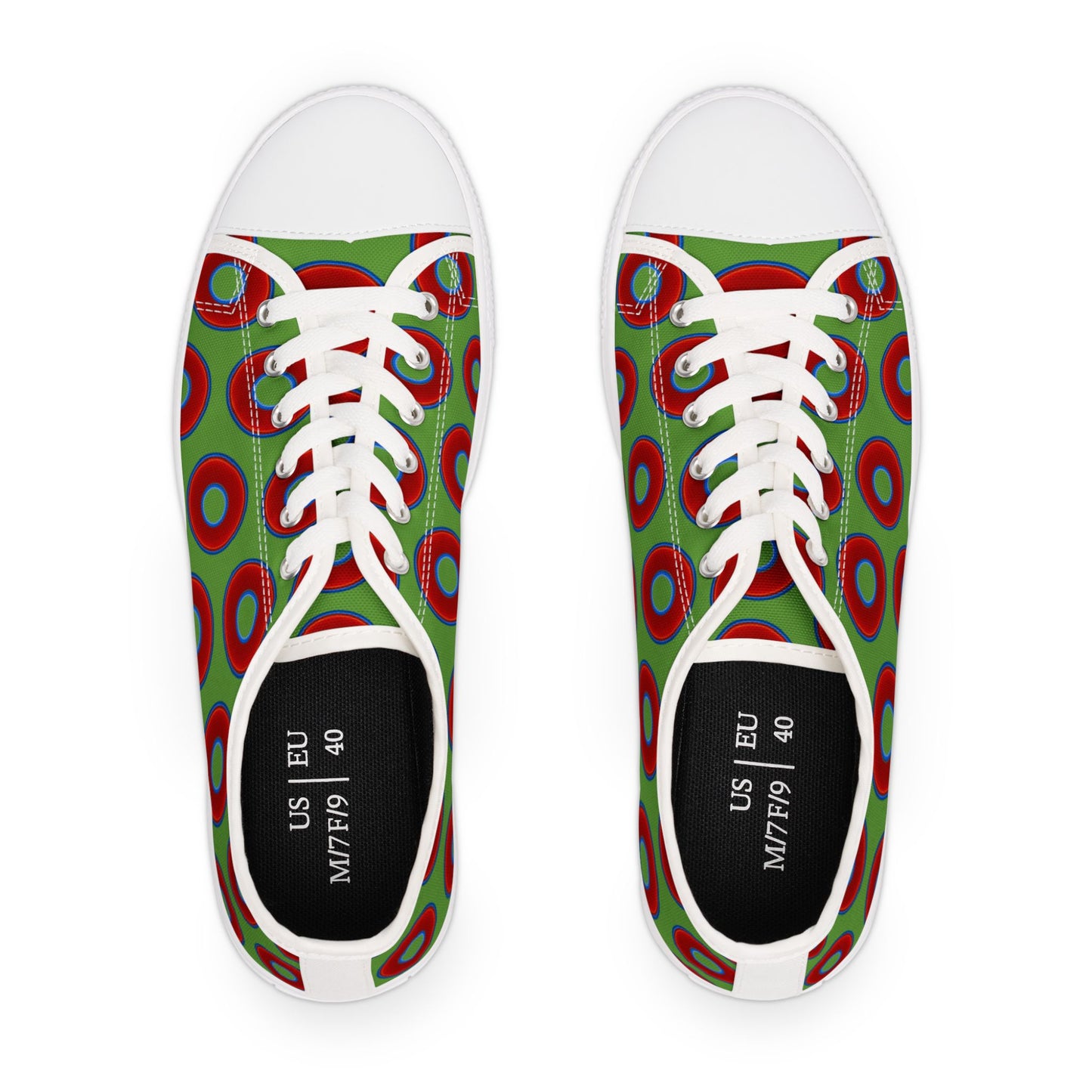 Women's - Low Top Chuck Taylors - large vivid red donut print w/light green background