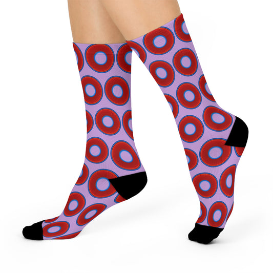 Lumpy Sox - cushioned crew - vivid red donut print w/wisteria purple background