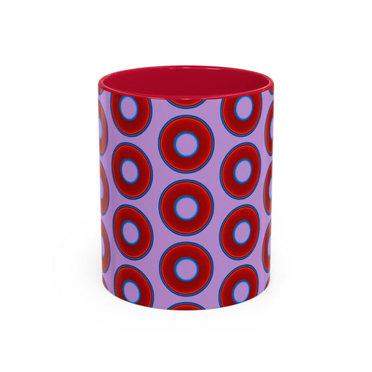 Lump's Grumpy Coffee Mug - vivid red donuts w/wisteria purple background