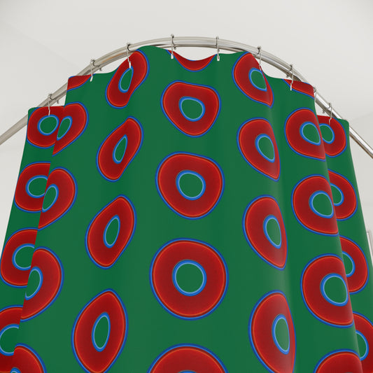 The Curtain With "Donuts" - Lumpy Bath Time Fun - vivid red donuts w/green background