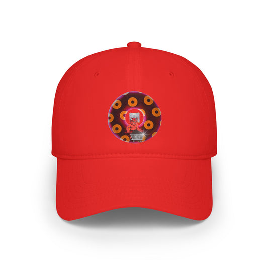 Lumpy Donut Baseball Cap - "46 Donuts Taste The Fear" - paradoxical dark magenta/orange blimpy donut w/