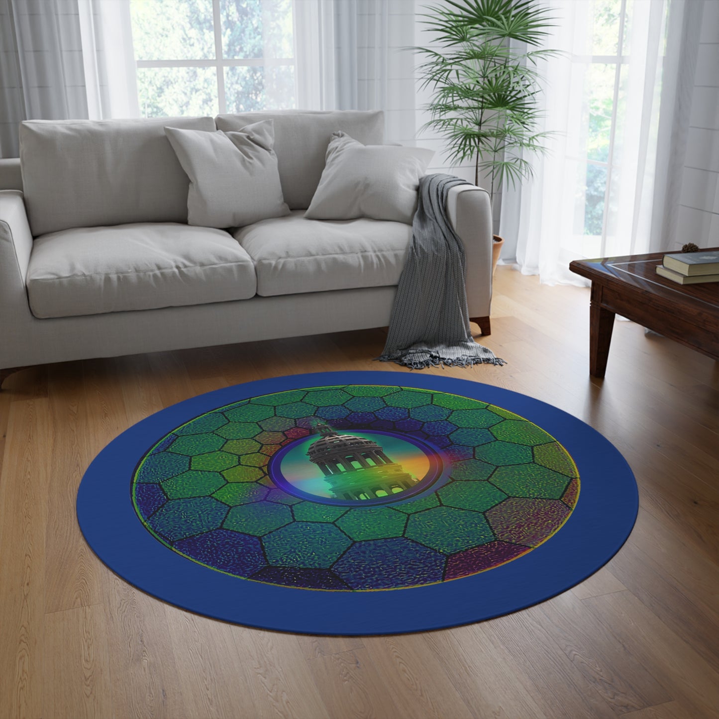 Round Room - 5 ft x 5 ft Lumpy Donut Rug - "Save Mondegreen City Hall Donut Rug" - green hexadonut w/dark blue background - variant 2