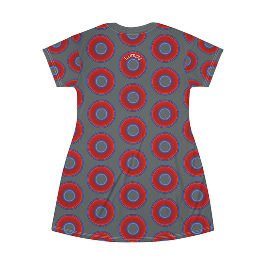 Not a Muumuu AOP Tee Shirt Dress - red vivid donuts w/dark gray background
