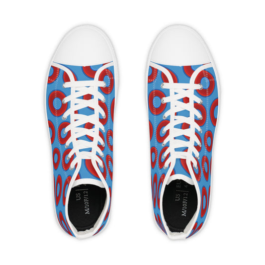 Men's High Top Chucks - large vivid red donut print w/light steel blue background