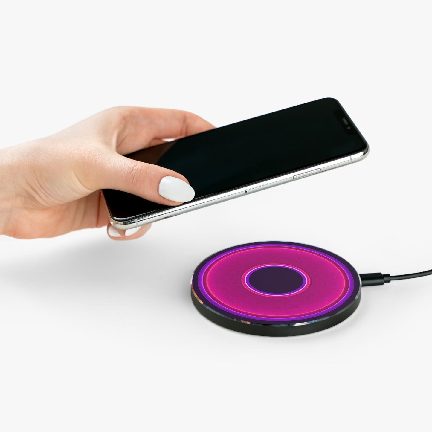 The Flow - Wireless Lumpy Donut Chargers - vivid magenta donut w/midnight purple background